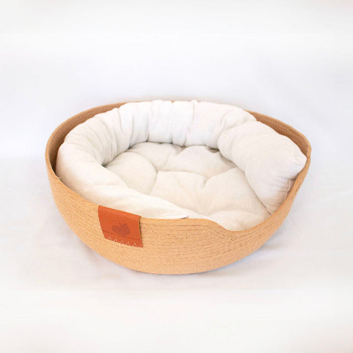 Straw Woven Cat bed with Linen Cushion